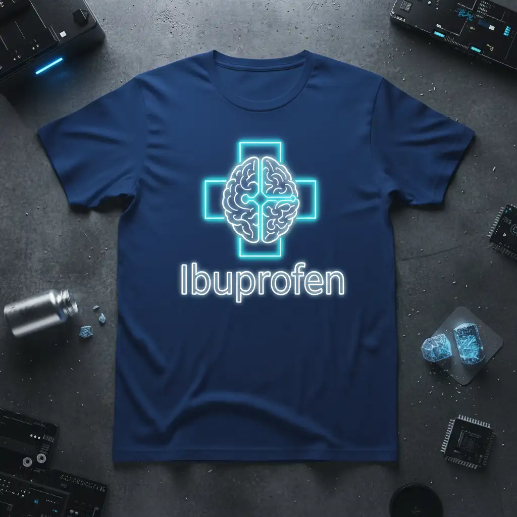 Ibuprofen T-Shirt featuring a neon brain within a glowing cross, symbolizing headache relief and medical humor