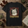 Ibuprofen Cat T-Shirt featuring a white cat's portrait with blue eyes inside a decorative frame, with the word Ibuprofen below