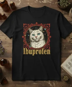 Ibuprofen Cat T-Shirt featuring a white cat's portrait with blue eyes inside a decorative frame, with the word Ibuprofen below