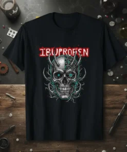 Ibuprofen Skull Graphic T-Shirt featuring a detailed skull with horns and mechanical elements, text reads "IBUPROFEN"