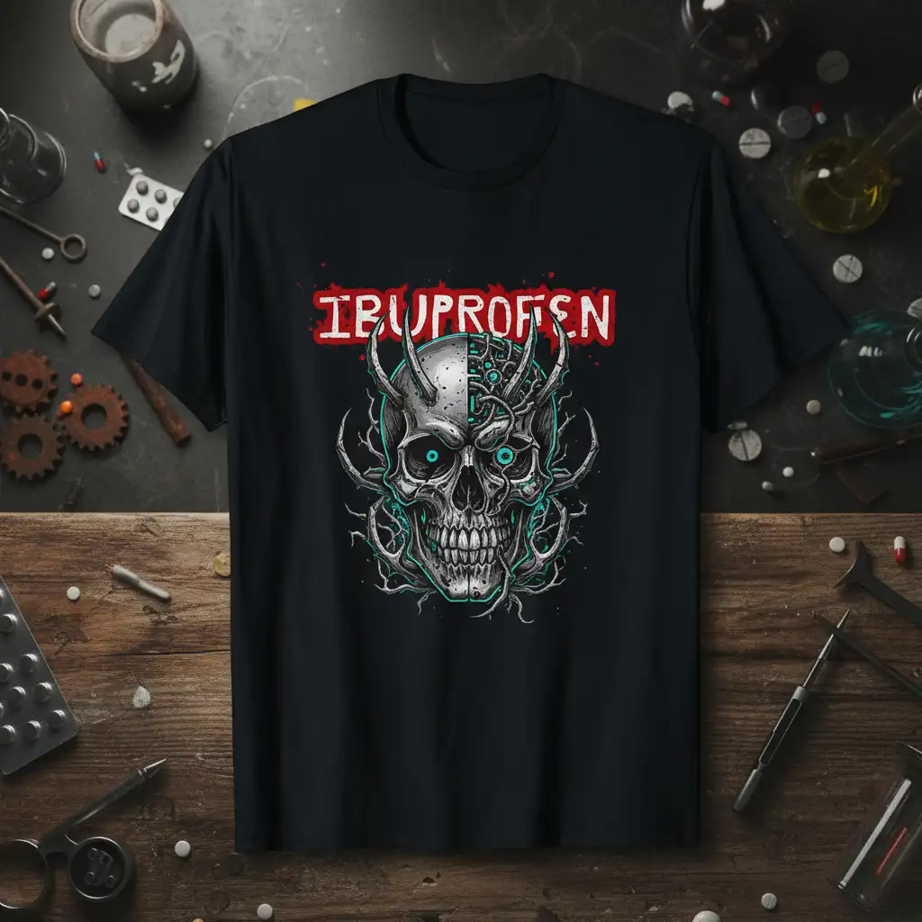 Ibuprofen Skull T-Shirt design with bold red text and a detailed, half-mechanical skull graphic