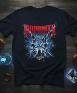 IBUPROFEN T-Shirt design with a fierce wolf head surrounded by blue lightning bolts