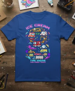 Ice Cream Fire Engine Container Truck t-shirt design featuring a colorful collage of various vehicles
