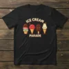 Ice Cream Parade text with cute cartoon ice cream cones and popsicle graphic on a black t-shirt