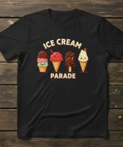 Ice Cream Parade text with cute cartoon ice cream cones and popsicle graphic on a black t-shirt