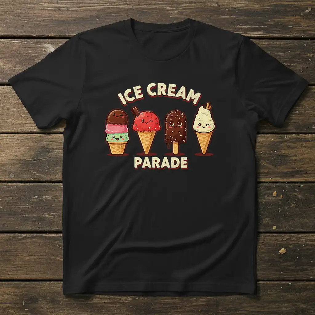 Ice Cream Parade text with cute cartoon ice cream cones and popsicle graphic on black tee