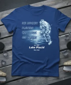 Ice Hockey Players Can Walk On-Water text with vintage hockey player graphic, Lake Placid New York design