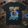 ICE ICE T-DOG BABY t-shirt design with a retro 80s cityscape and a figure in a vest