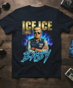 ICE ICE T-DOG BABY t-shirt design with a retro 80s cityscape and a figure in a vest
