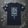ICE ICE text design with a neon arrow piercing an ice crystal and a small heart, on a dark t-shirt