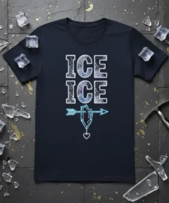 ICE ICE text design with a neon arrow piercing an ice crystal and a small heart, on a dark t-shirt