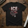Black t-shirt with "ICE ILLEGAL CRIMINALS EVICTED" text, gears, and lock graphic. Supports immigration enforcement