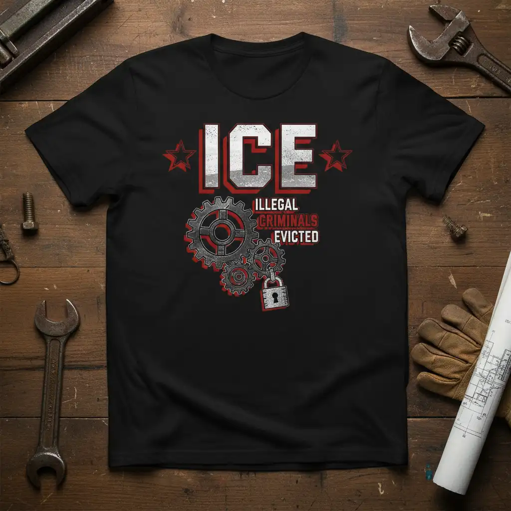 ICE Illegal Criminals Evicted graphic tee with gears and padlock symbol, representing immigration enforcement themes