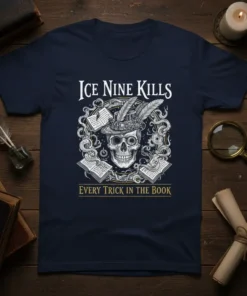 Ice Nine Kills Every Trick in the Book t-shirt featuring a skull wearing a hat surrounded by books and ornate