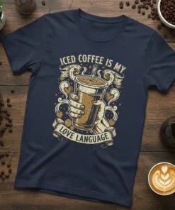 Iced Coffee Is My Love Language graphic t-shirt with a hand holding a cup of iced coffee and heart accents
