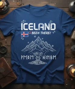 Iceland Been There t-shirt design featuring Icelandic flag, mountains, geyser, and Norse runes