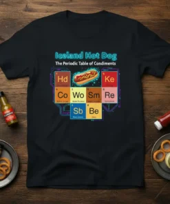 T-shirt featuring "Iceland Hot Dog The Periodic Table of Condiments" with elements like Hd, Ke, Co, Wo, Sm, Re, Sb