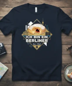 Ich Bin Ein Berliner Est. 1963 T-Shirt with a jelly donut graphic and Berlin landmarks, navy blue tee