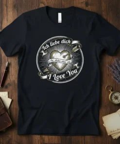 T-shirt with "Ich liebe dich Aai Anbuo atsar ihi I Love You" text and heart graphic