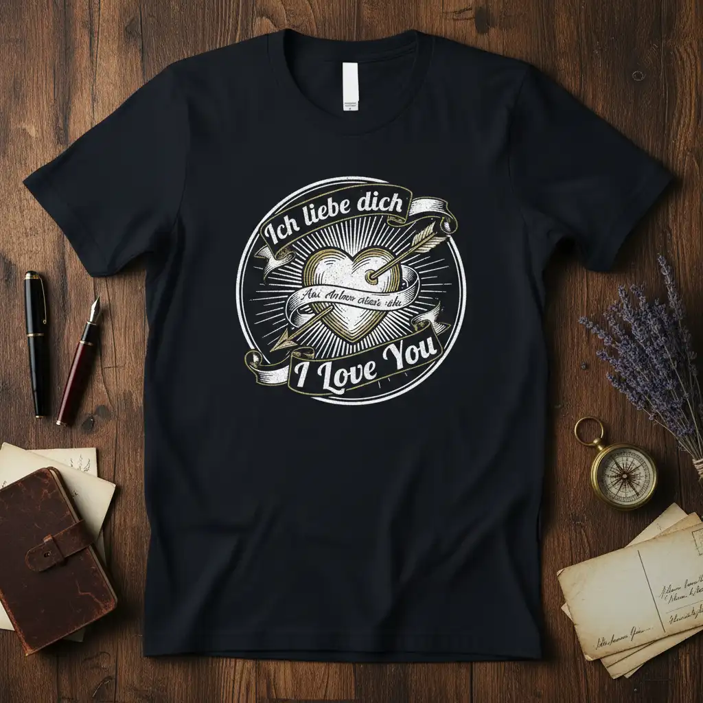 Ich liebe dich Aai Anbuo atsar ihi I Love You text with heart and arrow graphic on black tee