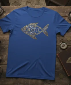 Blue t-shirt featuring a golden ornate fish design with the Greek word ΙΧΘΥΣ inside, representing the Christian Ichthys symbol
