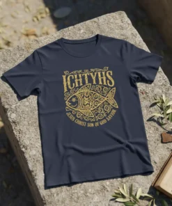 Dark navy t-shirt featuring a gold glitter Ichthys fish symbol with "ICHTYHS JESUS CHRIST SON OF GOD SAVIOR" text
