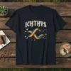 Ichthys rainbow fish symbol t-shirt with text "ICHTHYS" and rainbow ribbon inside fish outline