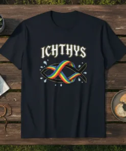 Ichthys rainbow fish symbol t-shirt with text "ICHTHYS" and rainbow ribbon inside fish outline