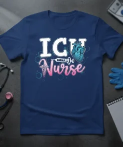ICU Nurse t-shirt design with white text, pink gradient 'Nurse', a human heart graphic, and a syringe