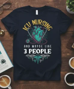 ICU NURSING AND MAYBE LIKE 3 PEOPLE text with anatomical heart and caduceus symbols on a navy t-shirt