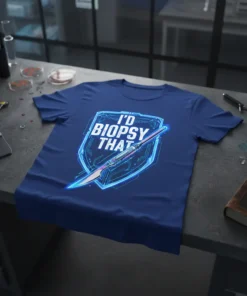 T-shirt with "I'D BIOPSY THAT" text inside a neon blue shield graphic, featuring a medical scalpel