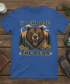 I'd Choose The Bear t-shirt design featuring a fierce grizzly bear head, forest, moon, and campfire graphic