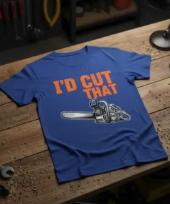 Blue t-shirt with orange text "I'D CUT THAT" and a detailed graphic of a chainsaw