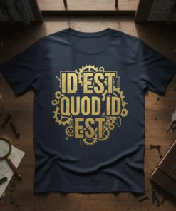 Dark navy t-shirt with gold "Id Est Quod Id Est" text surrounded by intricate steampunk gears design