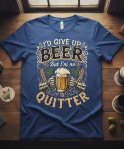 Blue t-shirt with the text "I'd Give Up Beer But I'm No Quitter" and a graphic of a beer mug
