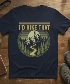 I'd Hike That t-shirt design with a hiker on a mountain peak, surrounded by trees and a sun graphic