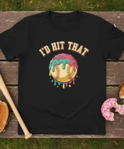 I'D HIT THAT baseball donut graphic t-shirt design with colorful icing and sprinkles