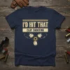 I'd Hit That Clay Shooting text design with graphic of exploding clays and shotgun target on a navy blue t-shirt
