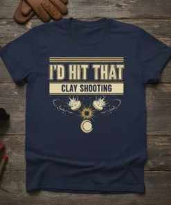 I'd Hit That Clay Shooting text design with graphic of exploding clays and shotgun target on a navy blue t-shirt
