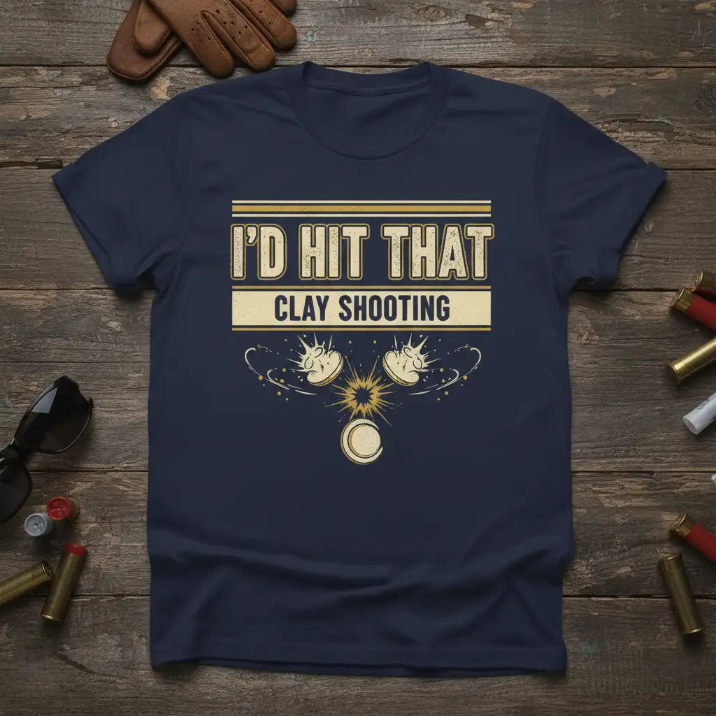 I'd Hit That Clay Shooting text design with exploding clay graphics on a navy blue shirt
