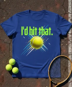 I'd hit that. text with a tennis ball graphic on a blue t-shirt, suitable for tennis players