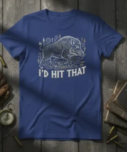I'd Hit That t-shirt with a detailed illustration of a wild boar and hunting-themed elements