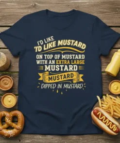 Navy blue t-shirt with bold yellow text: "I'd Like Mustard On Top Of Mustard With An Extra Large Mustard Mustard