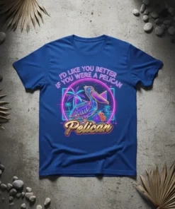 Retro "I'd Like You Better If You Were A Pelican" t-shirt with a geometric pelican and tropical scene