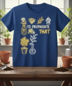 I'd Propagate That quote with various plant illustrations on a blue t-shirt, gardening theme