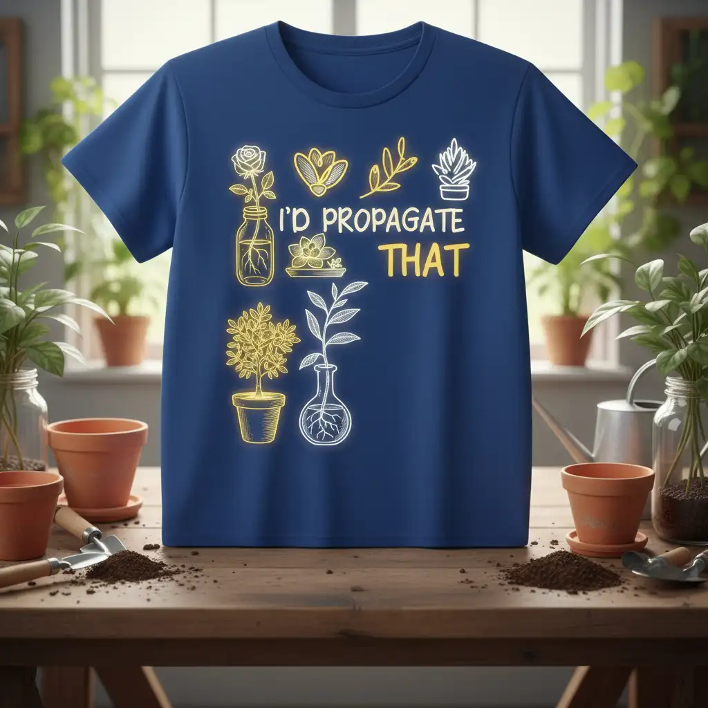 I'd Propagate That quote and plant propagation graphics on a blue t-shirt, ideal for gardeners