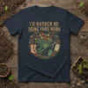 I'd Rather Be Doing Yard Work t-shirt design with gardening tools, flowers, and boots