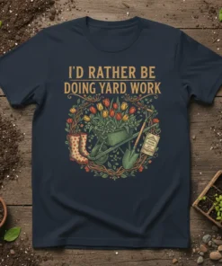 I'd Rather Be Doing Yard Work t-shirt design with gardening tools, flowers, and boots
