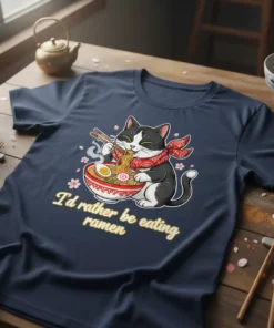 T-shirt with "I'd Rather Be Eating Ramen" text and a cartoon cat eating a bowl of ramen