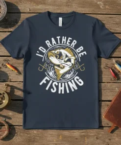 I'd Rather Be Fishing t-shirt with a graphic of a bass fish and fishing hooks